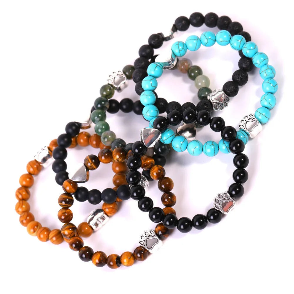 Close-up of a geometric beaded stone bracelet showing texture, style options include Tigereye and Indian Agate.