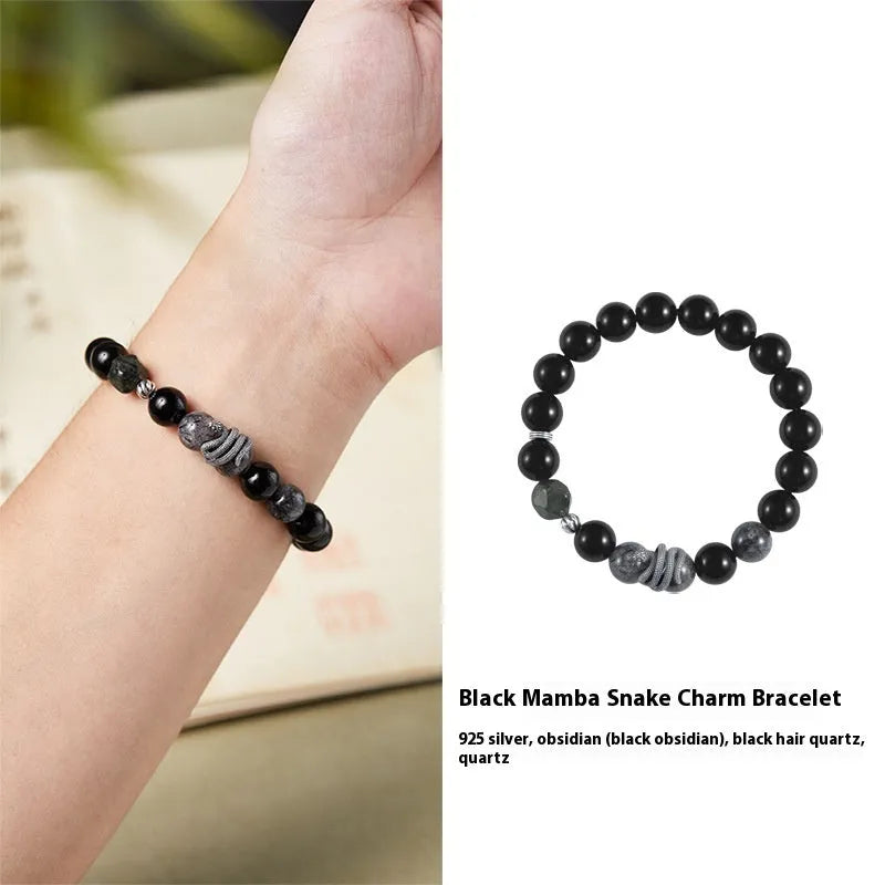 Men's black obsidian snake bracelet in 925 sterling silver with retro zodiac design