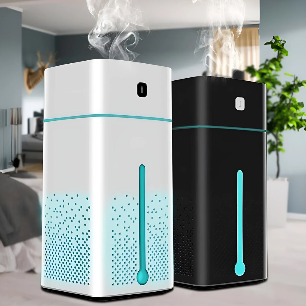 Black and white desktop humidifier with USB-C port, 1000ml water tank, showing compact size for office use.