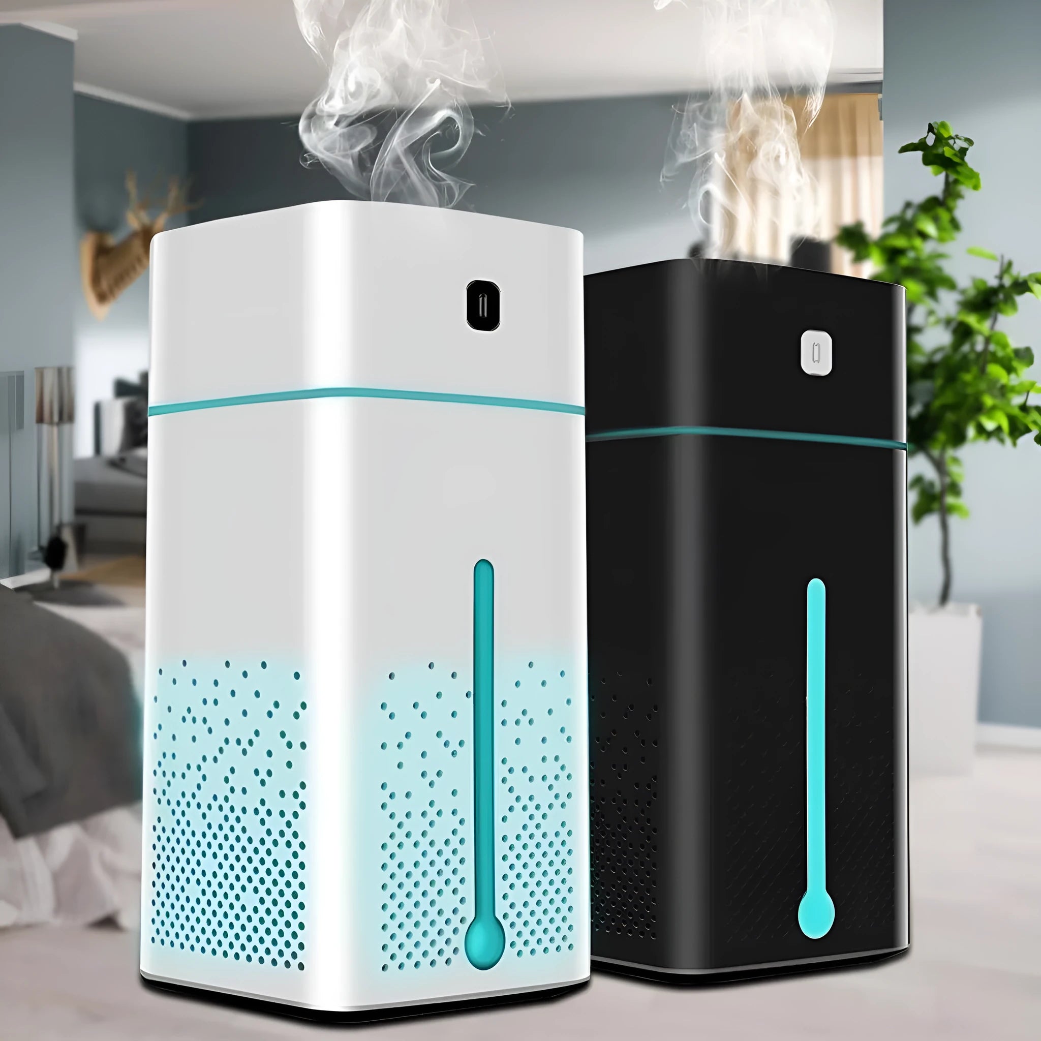 Black and white desktop humidifier with USB-C port, 1000ml water tank, showing compact size for office use.