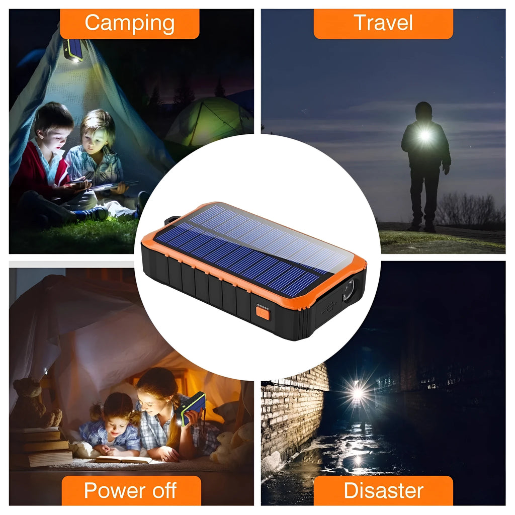 Green and orange portable solar hand crank power bank showing USB ports, solar panel, and hand crank
