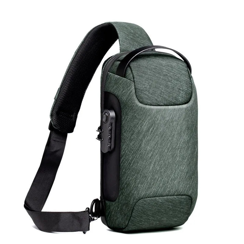 Men's black Oxford cloth crossbody bag showing front zipper and shoulder strap, with internal phone and laptop pockets visible.