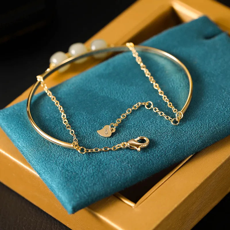 Women's jade lucky beads bracelet with gold inlay in single, double, or three beads options