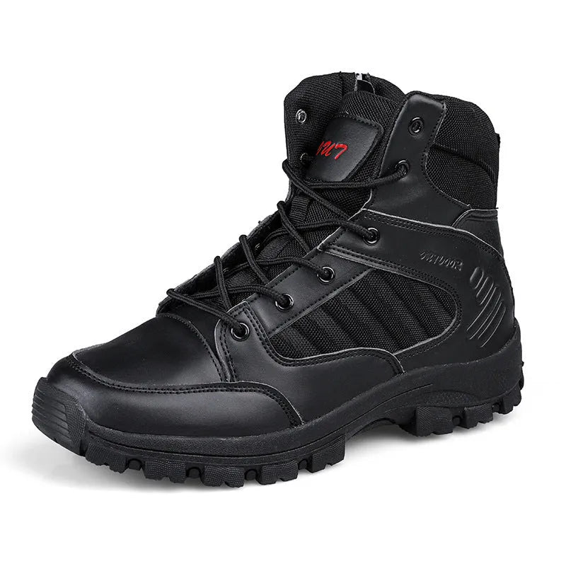 Men's black and camouflage high-top hiking shoes with PU upper and metal hardware detailing