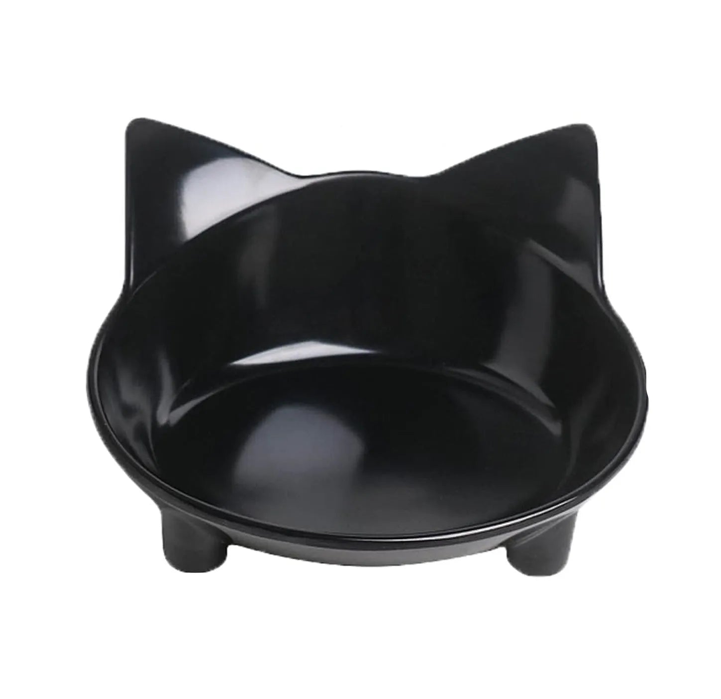 Four shallow black melamine pet bowls with non-slip rubber bases on a table.