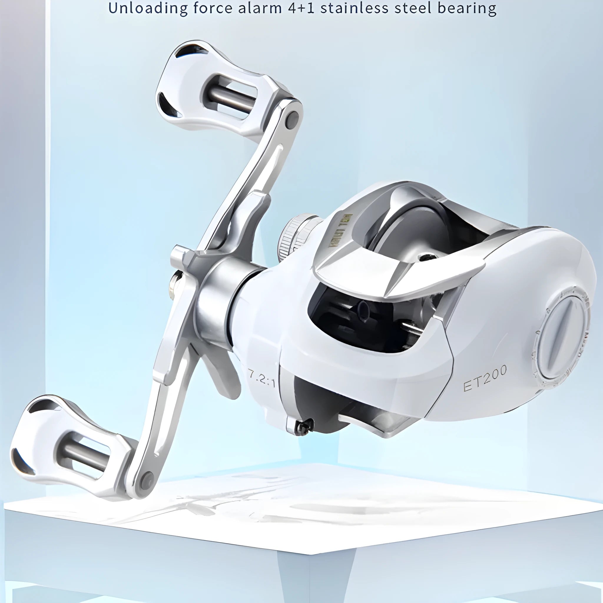 Small white micro baitcasting fishing reel with drip wheel, shown on a neutral background.