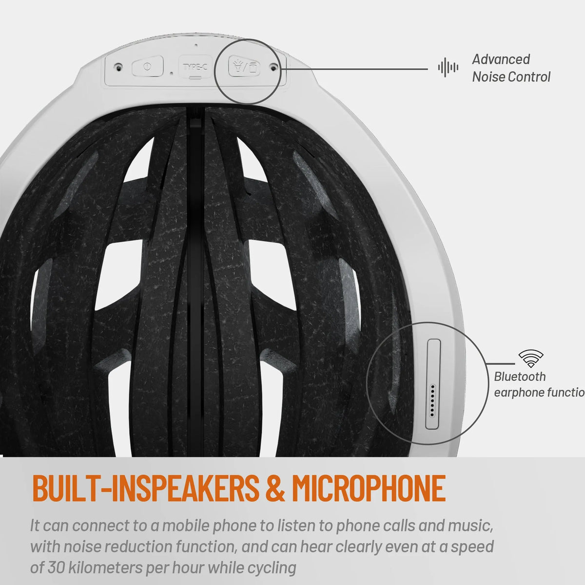 Black and grey smart adult cycling helmet with integrated Bluetooth warning lights.
