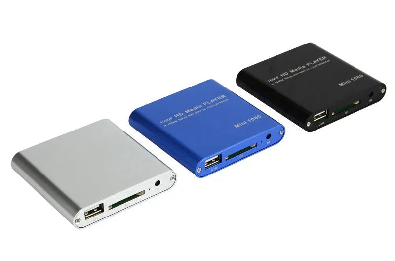 Compact blue 1080P HDMI media player with SD card and USB ports