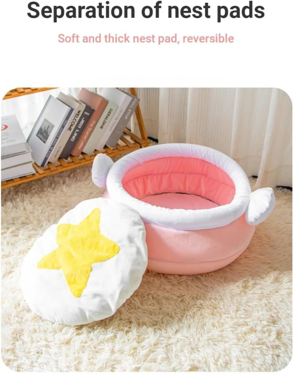 Pink and yellow honey pot shaped cat sofa bed with a soft fabric exterior and large interior space for pets.
