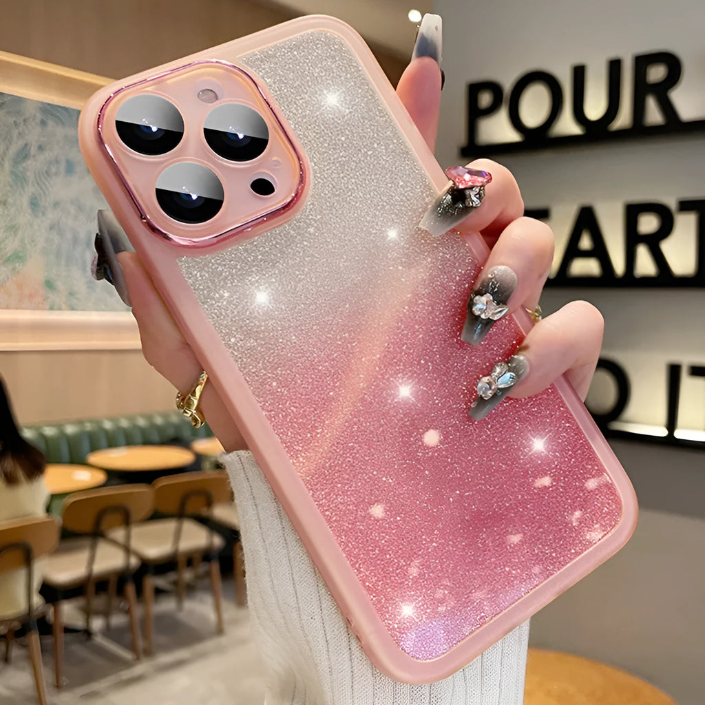 Ultra-thin transparent glitter iPhone case with electroplated finish and shockproof TPU construction
