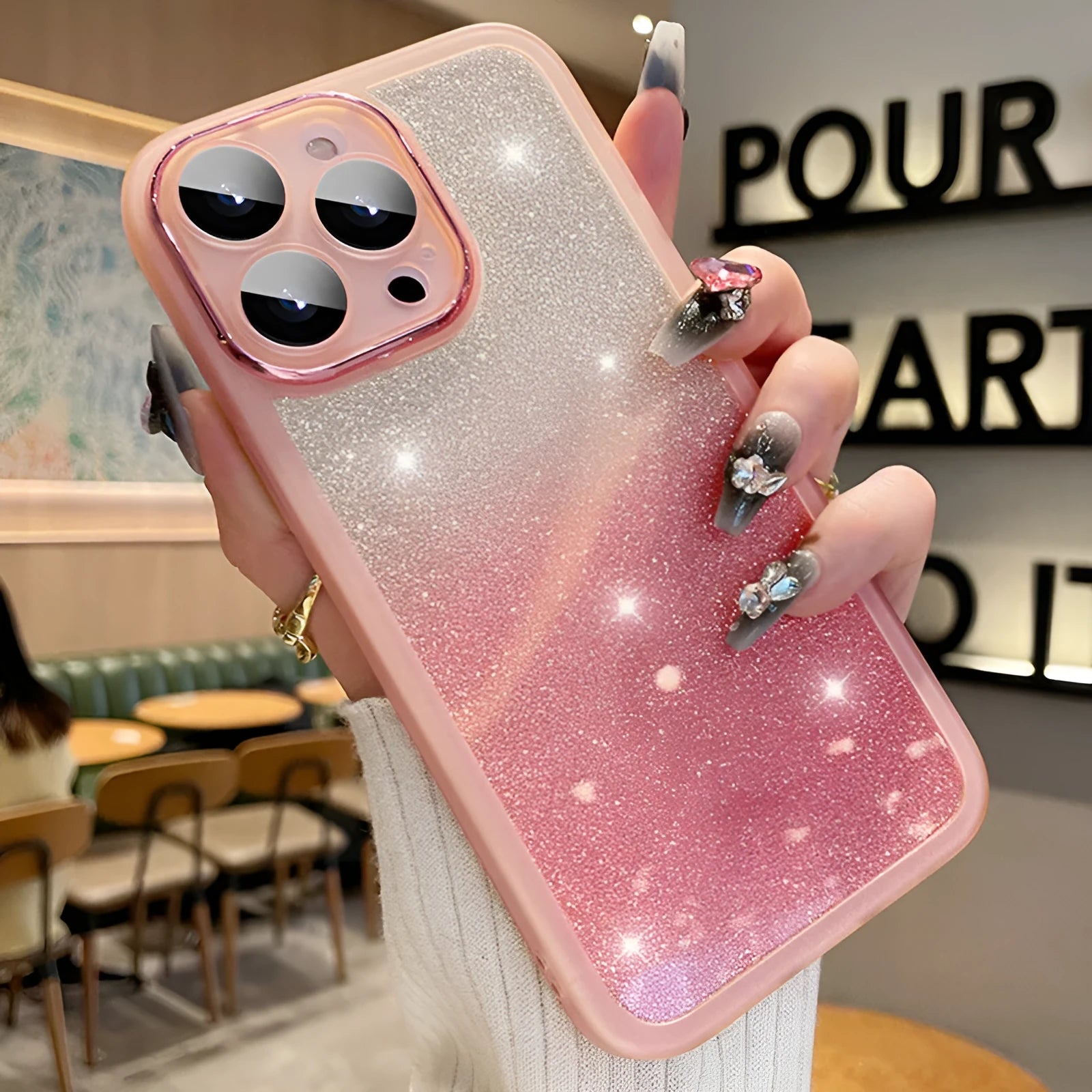 Ultra-thin transparent glitter iPhone case with electroplated finish and shockproof TPU construction