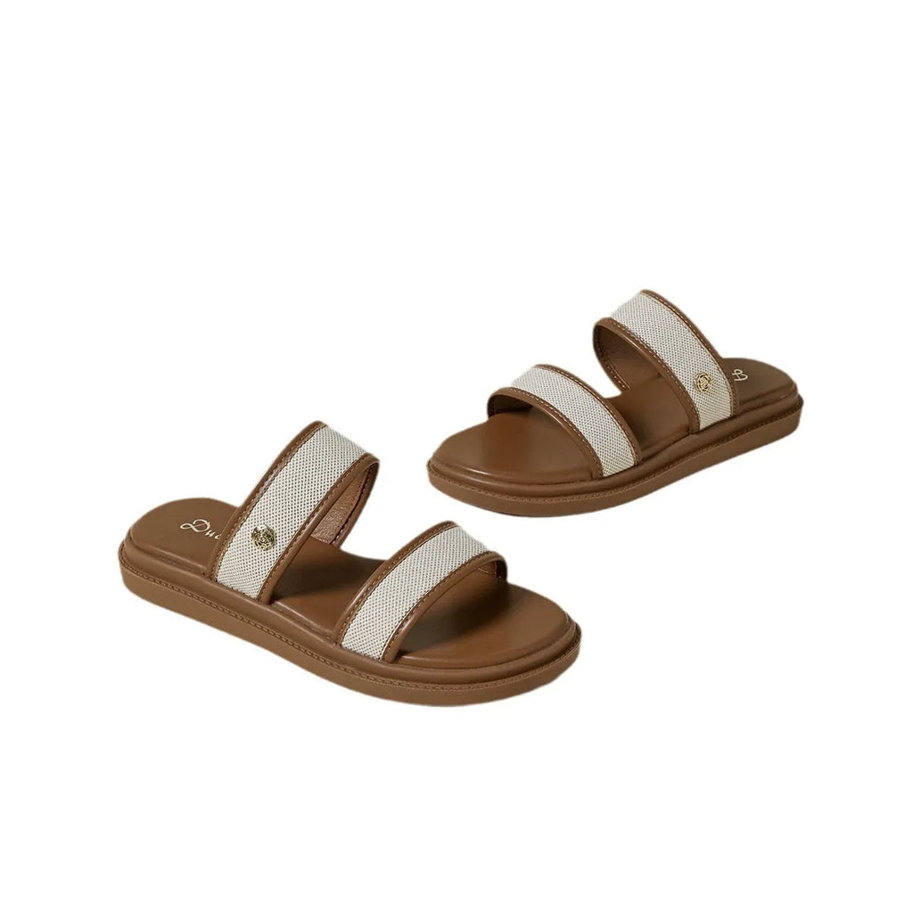 Brown women's retro flip-flops with soft bottom and artificial PU upper