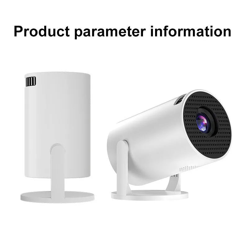 White mini portable wireless projector showing 1080p HD resolution and same-screen mirroring capability