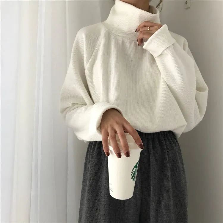 Women's solid colour casual top with a half-high collar and long sleeves in a loose fit