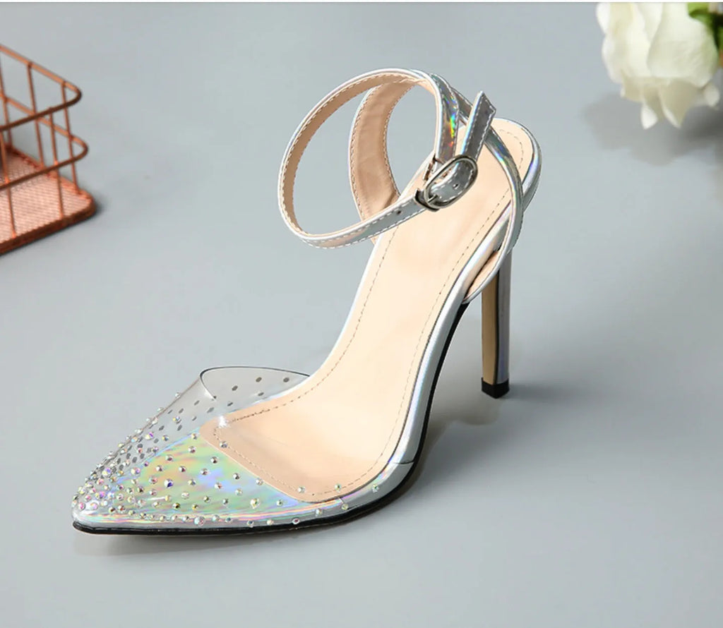 Women's pointed toe diamond sandals with stiletto heels in PVC material