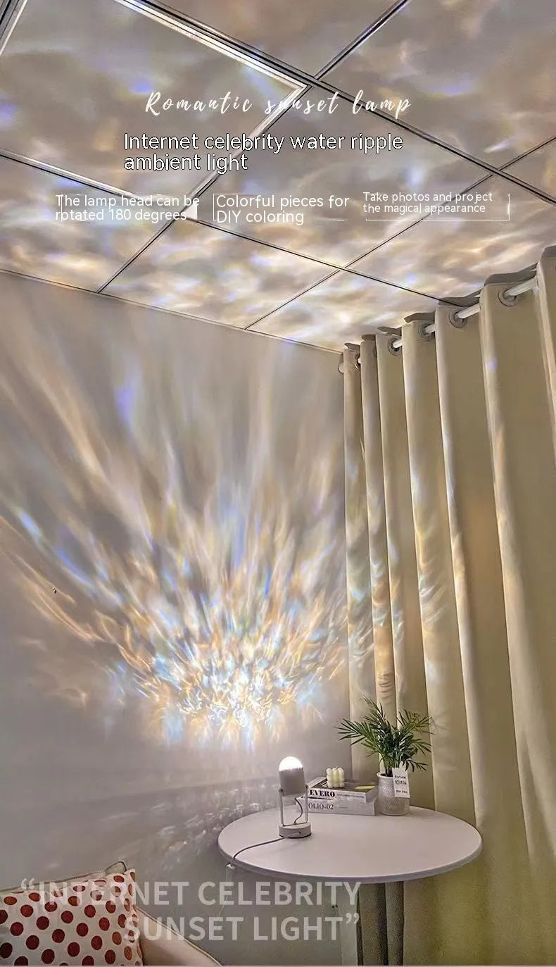 Dynamic water ripple ambience table lamp projecting moving light patterns