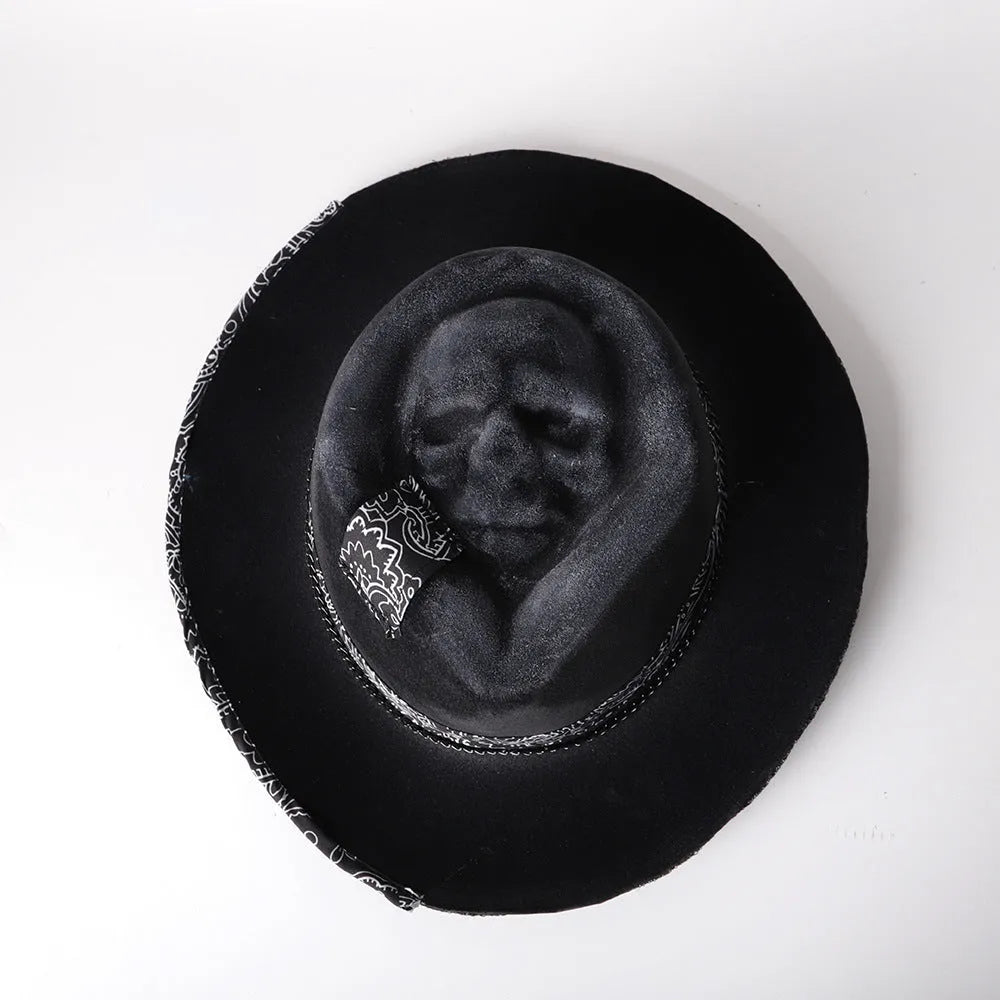 Wool felt conical crown hat with woven denim-inspired skull pattern, handmade Halloween accessory