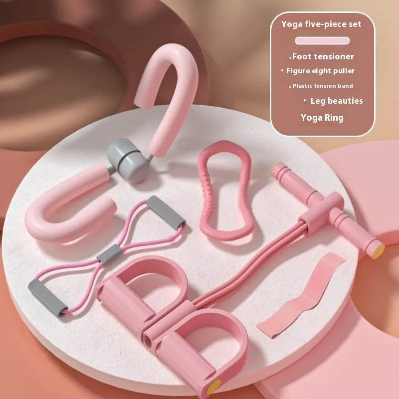 Yoga four piece fitness set showing leg beauty device, yoga ring, pedal tension device, and eight-figure tension rope.