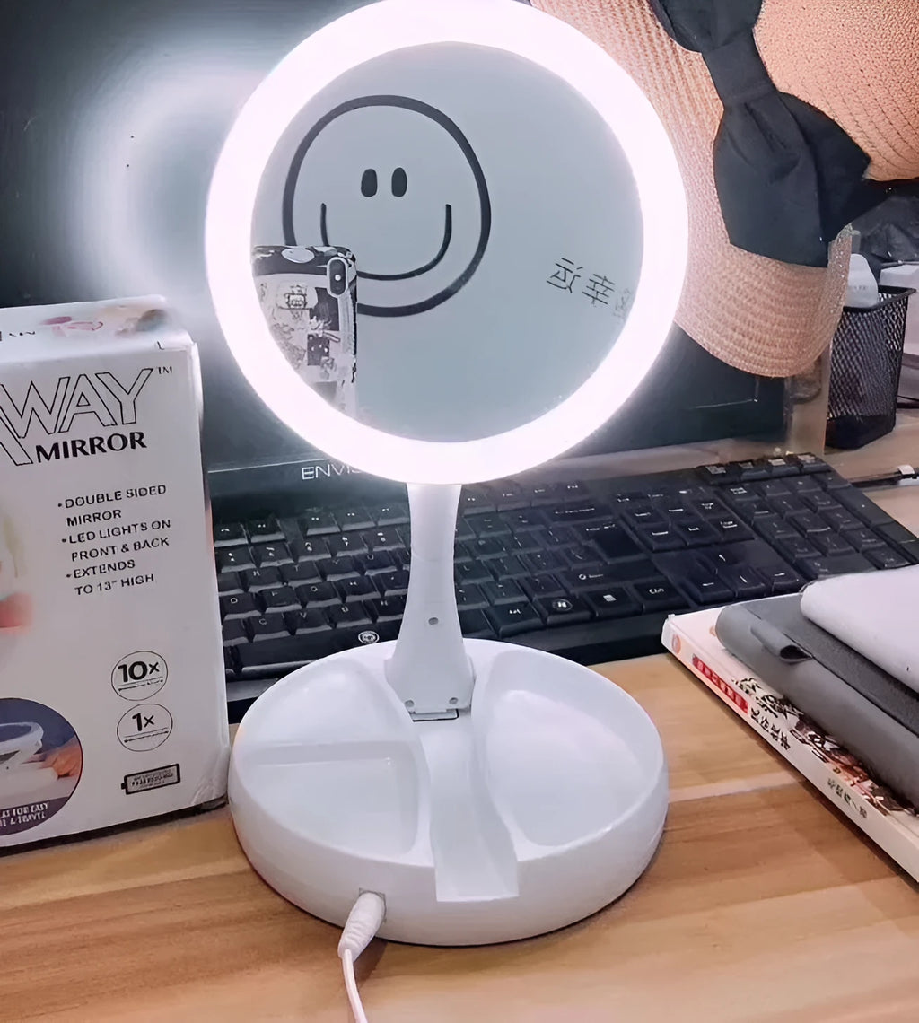 White foldable double-sided LED vanity mirror with USB charging port