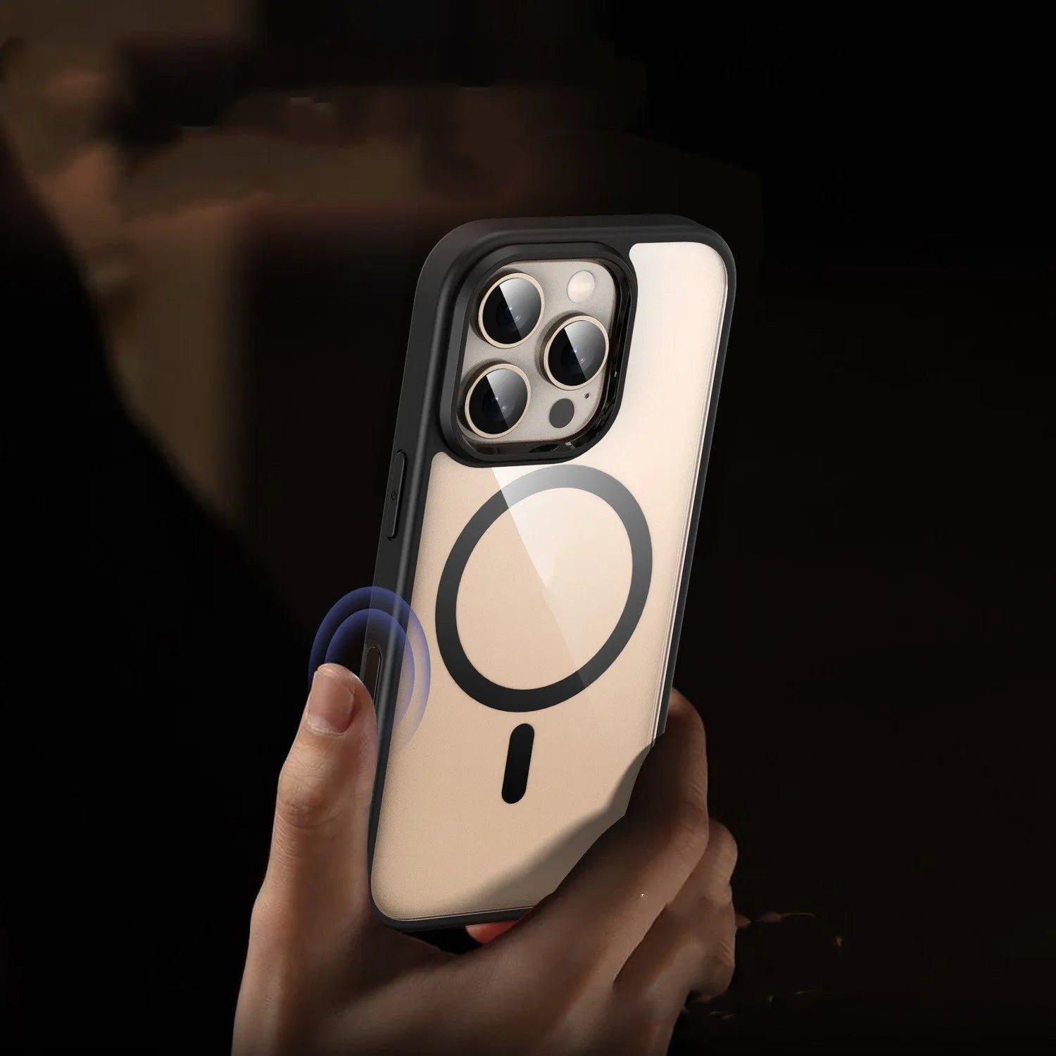 Black magnetic iPhone 16 phone case with TPU and PC construction showing magnetic components and airbag-style protection elements