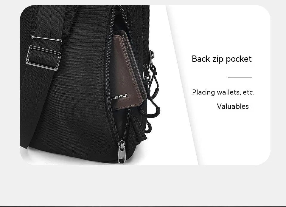 Casual black camouflage pattern chest bag with a shoulder strap, shown in a square vertical shape.