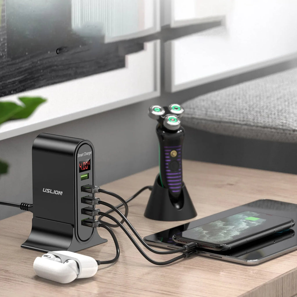 Smart LED digital display USB wall charger in black and white, showing dual ports and voltage readout.