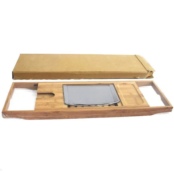 A bamboo bathtub frame storage organiser with a single shelf, shown on a bathroom desktop next to a tub.