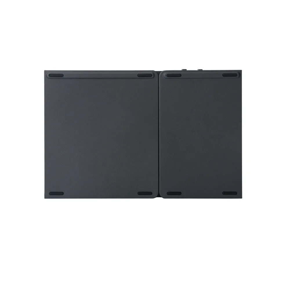Black tri-fold portable Bluetooth keyboard with touchpad, shown folded and unfolded next to a smartphone.