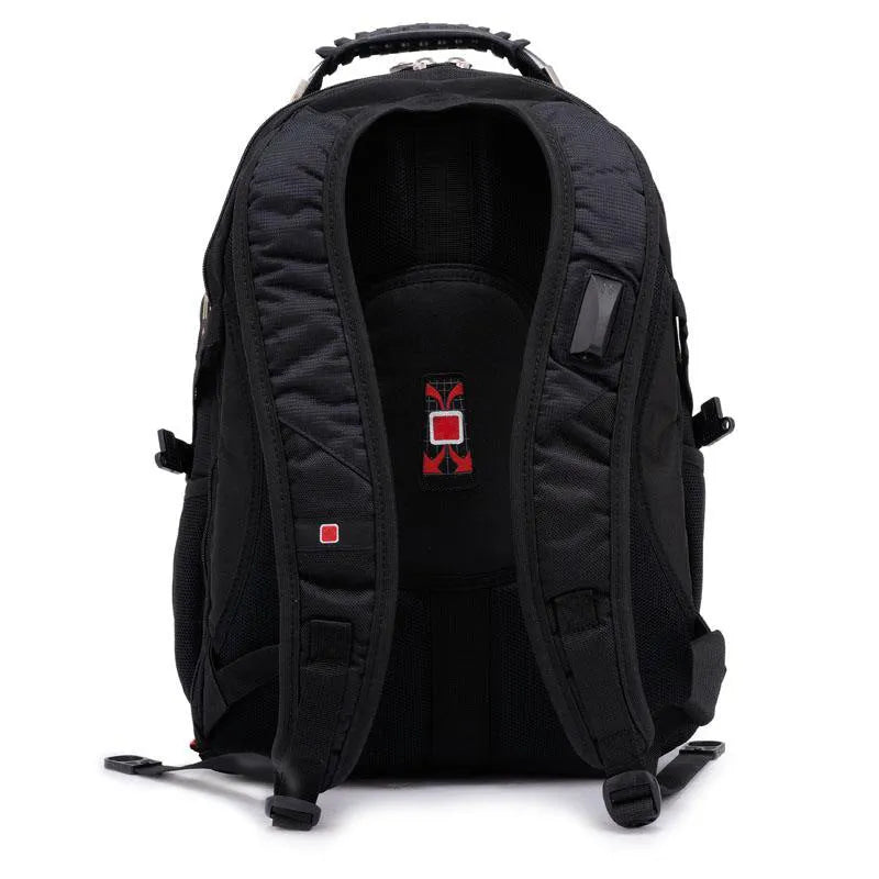 Black 38-litre business laptop backpack open to show three internal compartments and organiser pockets.
