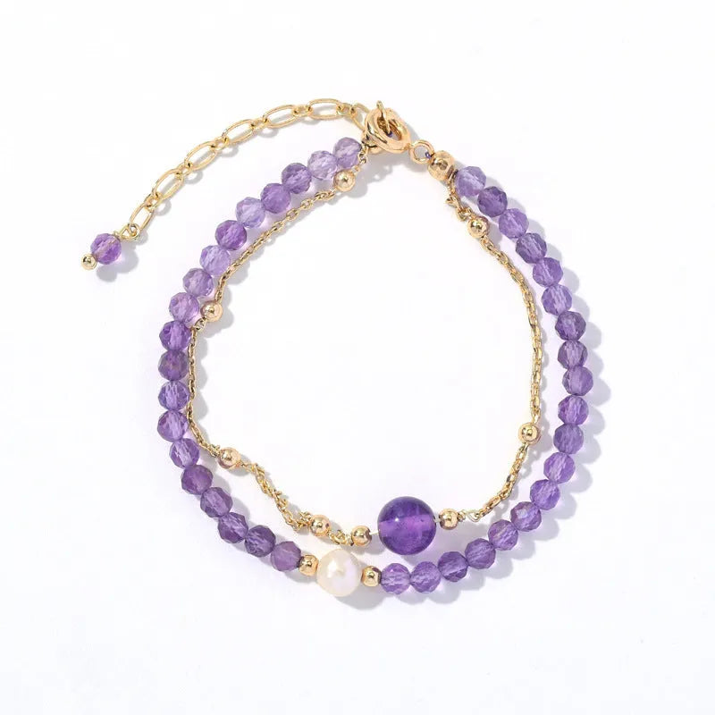 Chinese style women's amethyst crystal bracelet with diamond shaped beads and electroplated metal