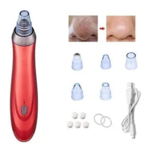 Electric blackhead remover device with five nozzle attachments in black, gold, red, or white colour options.