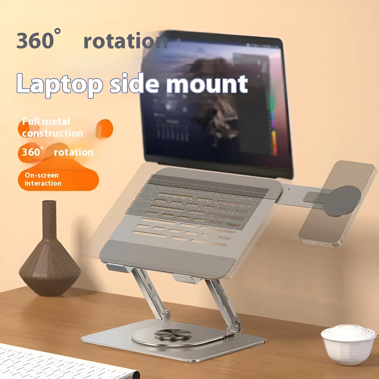Silver carbon steel laptop stand with a rotating magnetic phone holder attached to the side