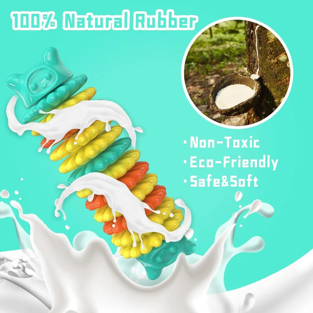 Blue caterpillar-shaped rubber dog chew toy for aggressive chewers, shown with textured surface.