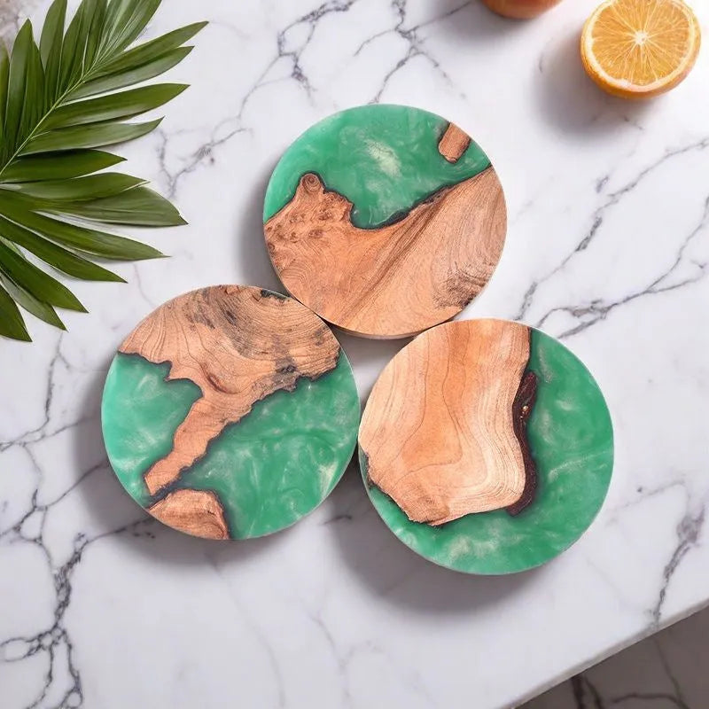 Wooden Kung Fu tea coaster in green solid colour with heat insulation resin