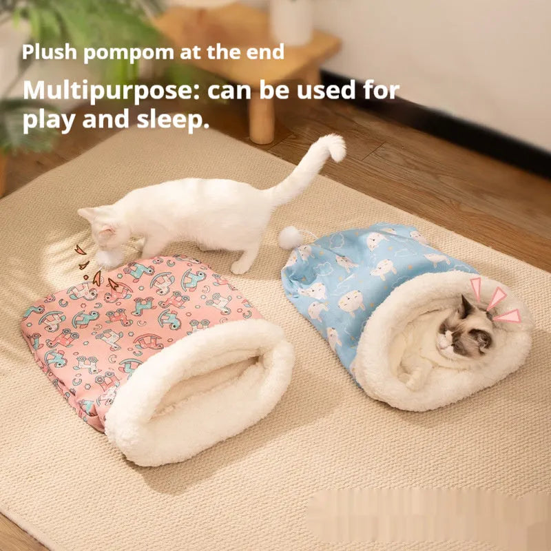 Flannel cat sleeping bag nest bed in pink trojan design, 50 by 40 cm.