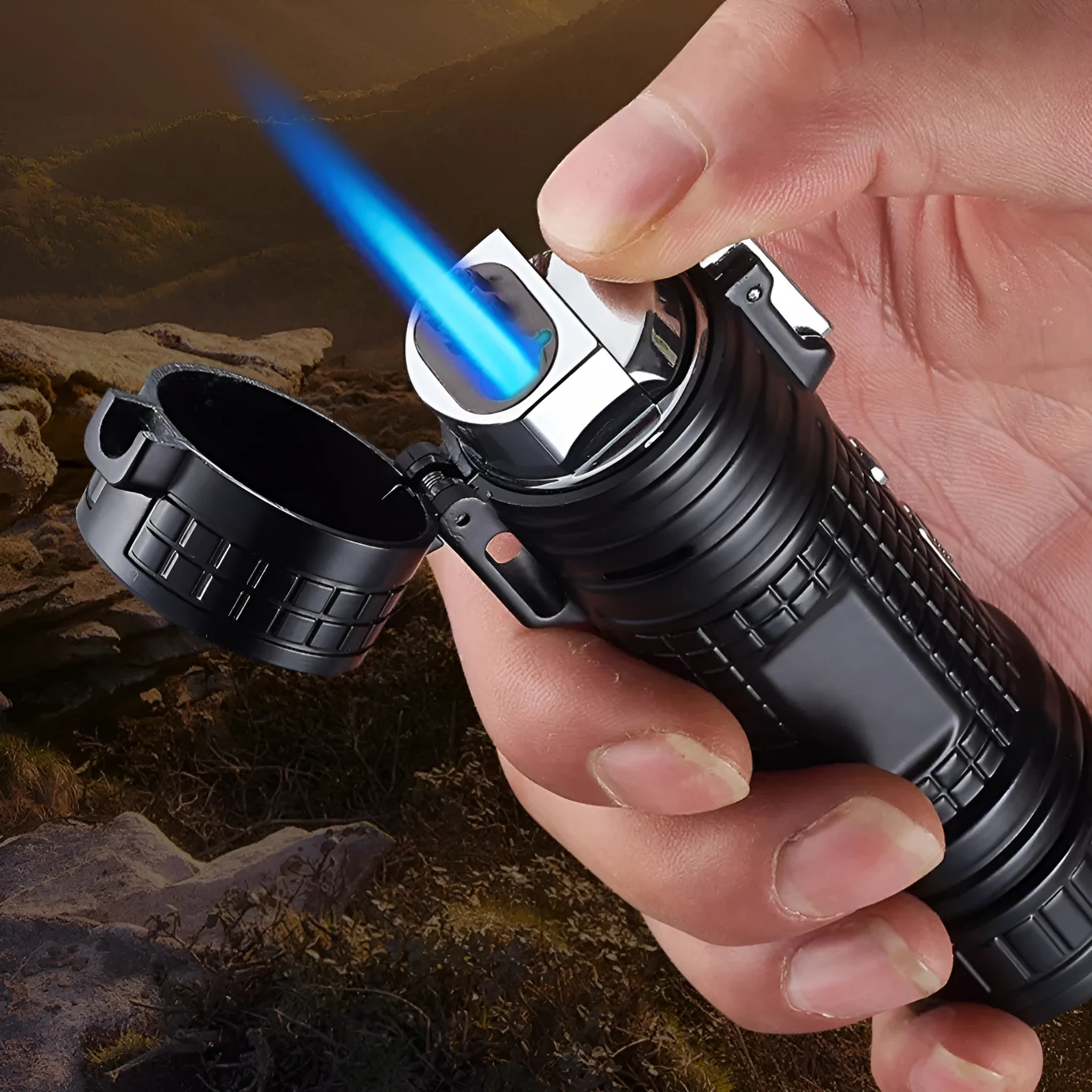 TH727 waterproof metal multifunction lighter and flashlight in camouflage colour.