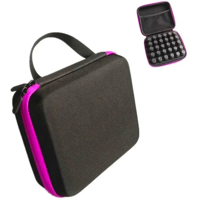 Cube-shaped essential oil storage bag with 30 compartments for 15ml bottles, shown in available colours.