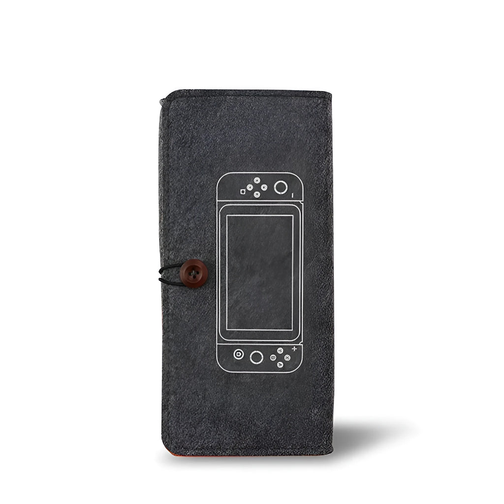 Black felt pouch case for Nintendo Switch open to show console compartment and 5 game card slots.