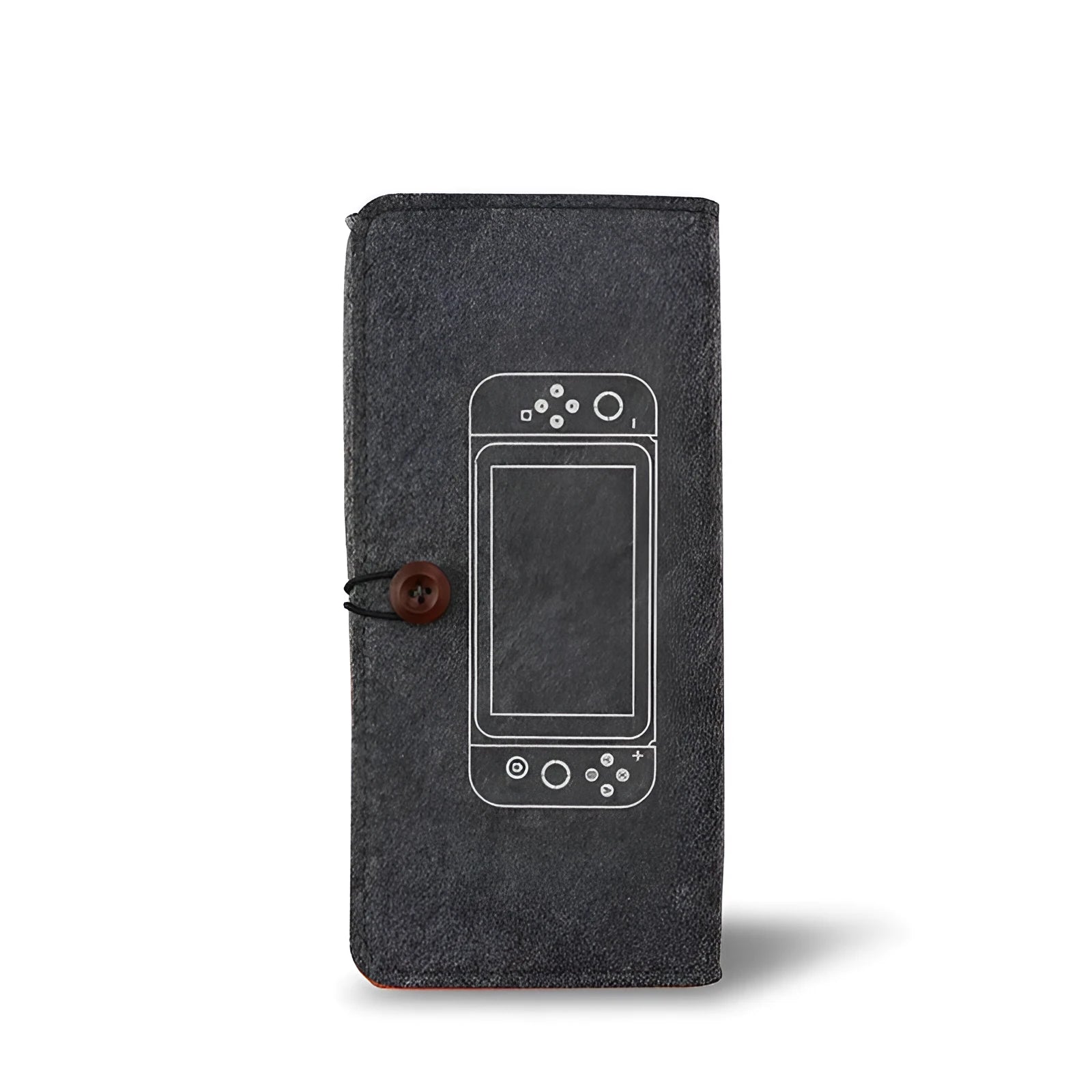 Black felt pouch case for Nintendo Switch open to show console compartment and 5 game card slots.