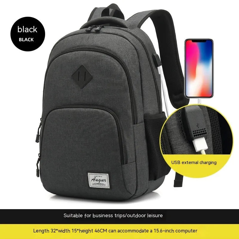 Grey lightweight USB charging backpack with trolley straps and thickened nylon fabric.