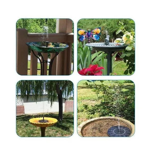 Black solar-powered fountain pump with multiple nozzles for garden ponds and birdbaths.