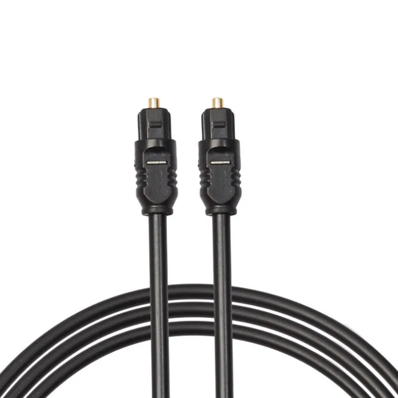 Black Toslink fibre optic audio cable with 4mm square connectors showing 2-metre length