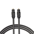 Black Toslink fibre optic audio cable with 4mm square connectors showing 2-metre length