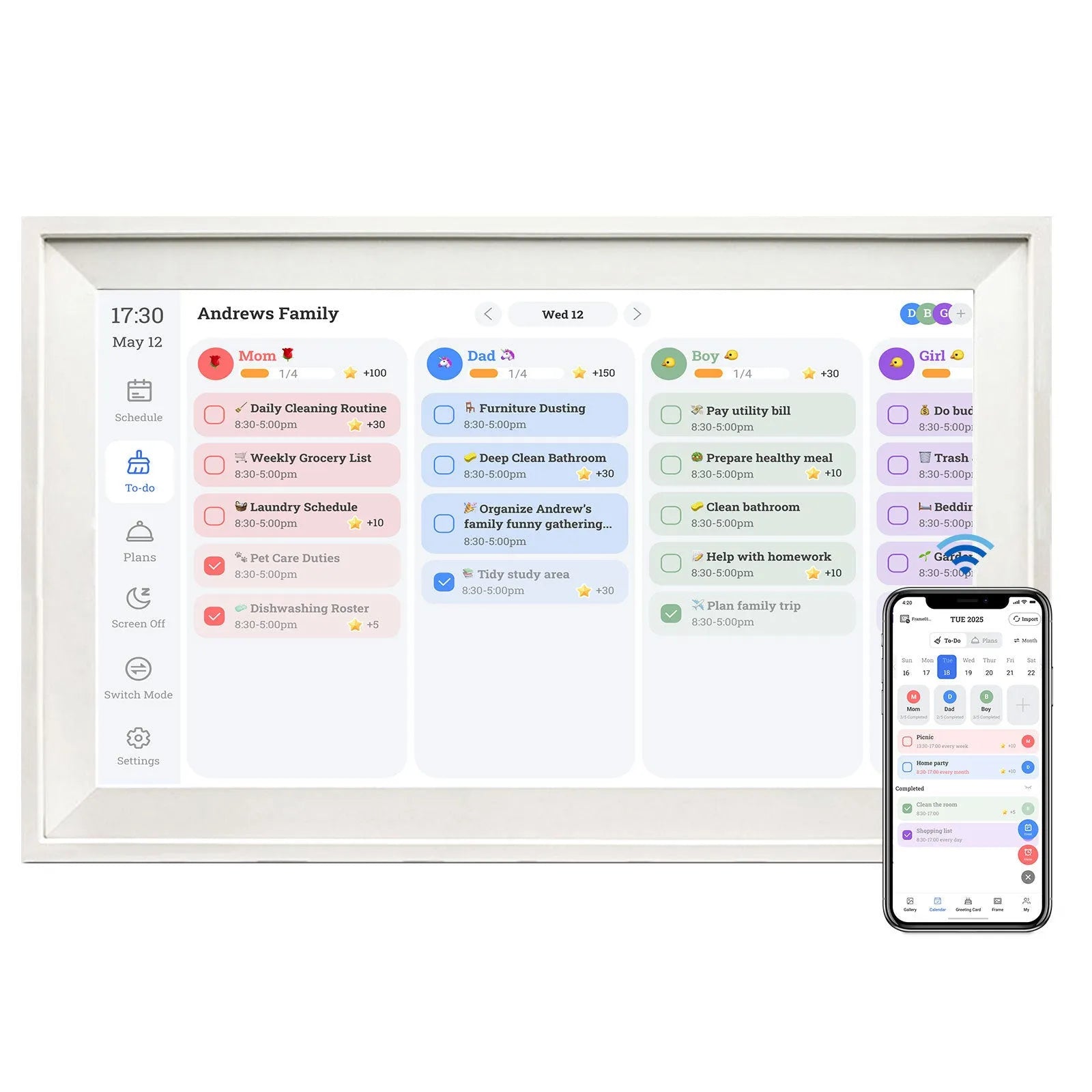 White 15.6 inch smart digital photo frame with Wi-Fi and app control