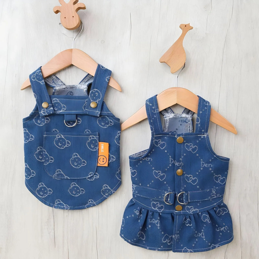 Blue denim princess dress for small dogs with bracket skirt design, suitable for spring and autumn seasons