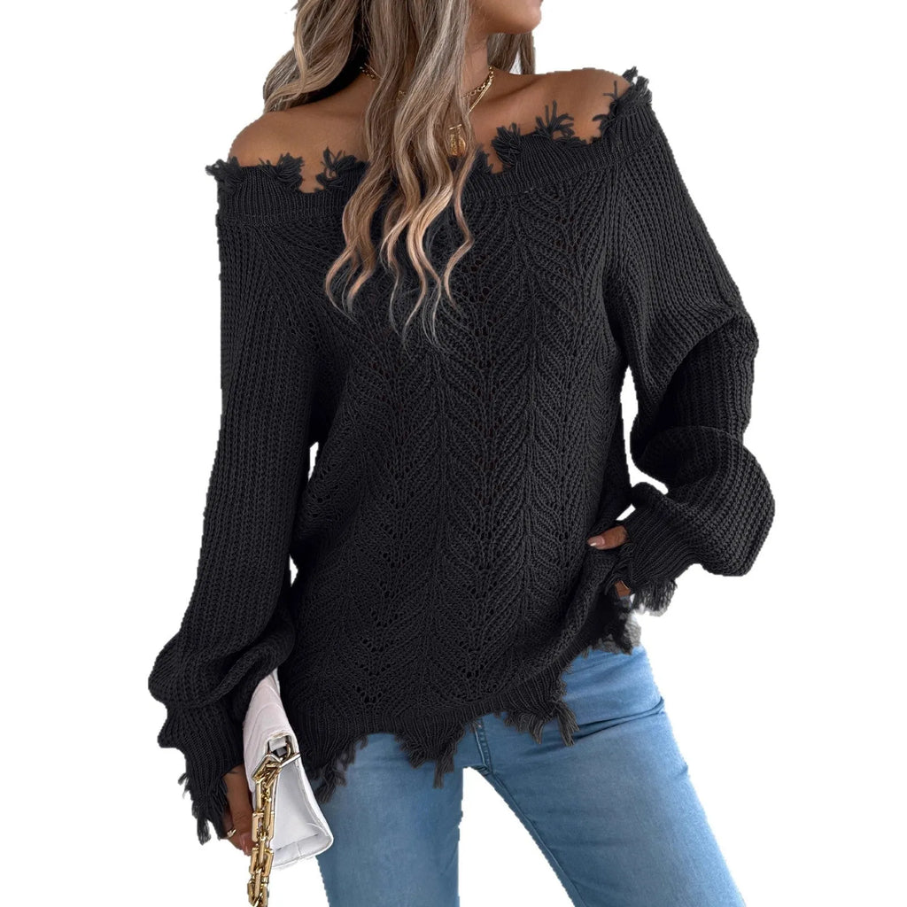 Hollow-out design cut off-the-shoulder long sleeve pullover sweater in acrylic fibre.