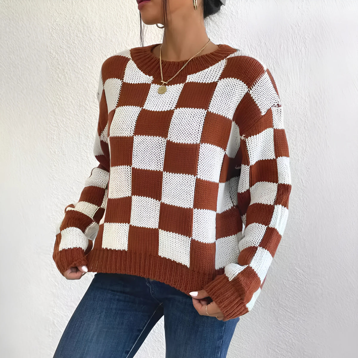 Dark brown plaid acrylic women's sweater with loose fit and round neck