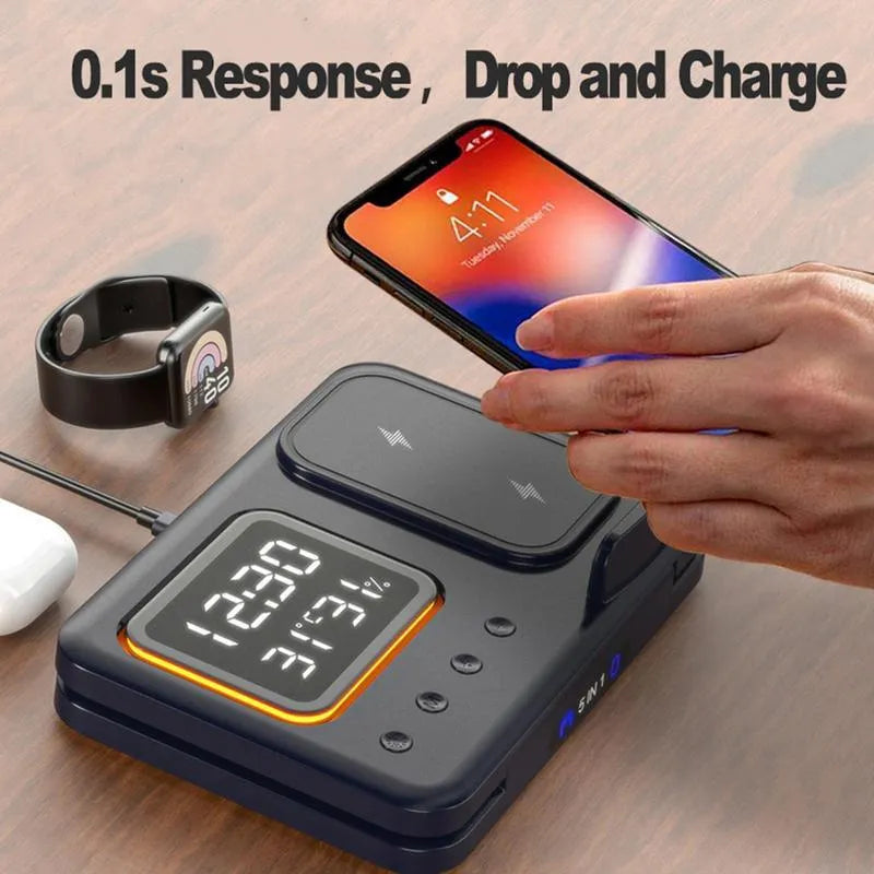 Black or white 5-in-1 wireless charging station with LED display showing time and temperature, charging phone and watch.