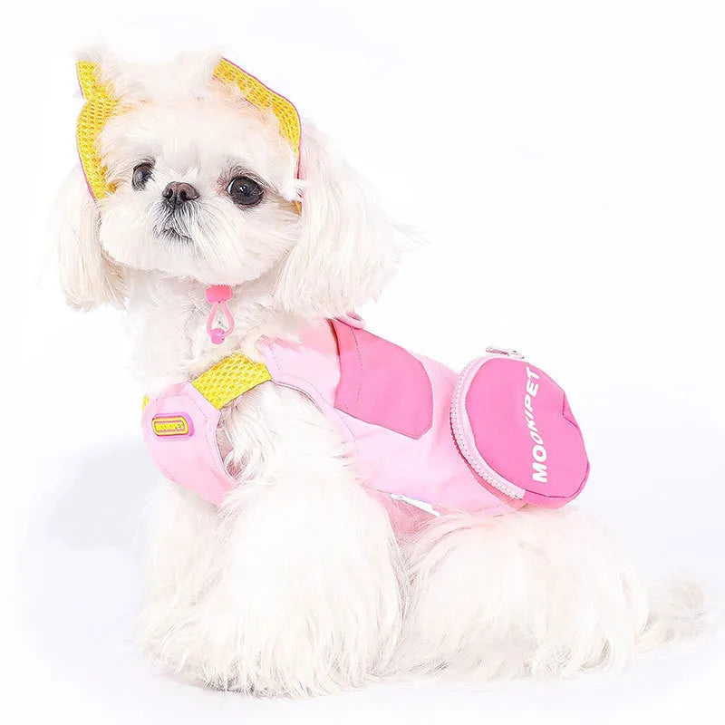 Pink polyester pet vest for small dog breeds on size chart showing XXS to XXL options