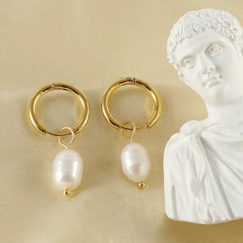 Gold geometric women's earrings with pearl accent on titanium steel posts